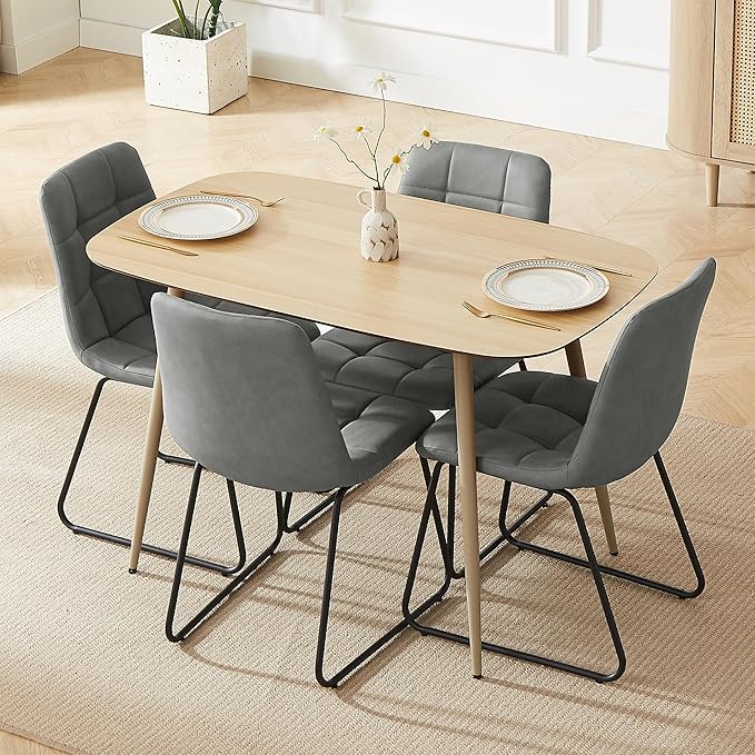 47.2'' Modern Dining Table Set for 4 - Wood Table with Cat Scratch Resistant Surface & 4 Gray Leather U-Shaped Chairs, Kitchen & Dining Room Furniture, Ideal for Small Spaces