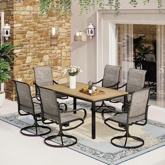 MFSTUDIO Patio Dining Set for 6, Patio Table and Chairs Set with Umbrella Hole, 7 Piece Outdoor Dining Set for Deck Backyard Garden