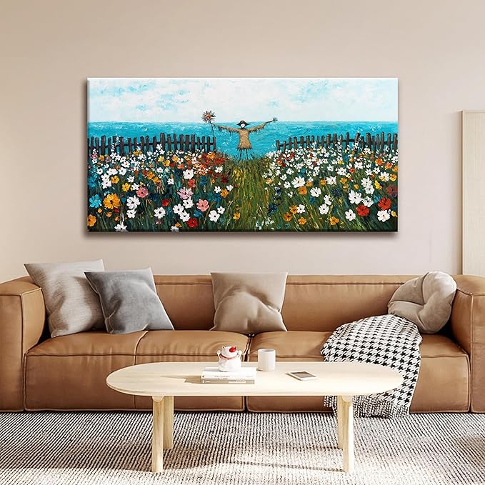 Wall Art For Living Room Painting Blue Sea Abstract Wall Art Colorful Flowers Canvas Art Wall Decor Scarecrow Landscape Artwork Bedroom Dining Room Home Office Modern Artwork Home Decoration 24"X48"
