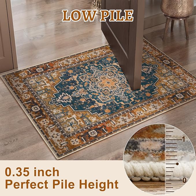 Tangsoo 4x6 Washable Rug Vintage Non Slip Indoor, Distressed Carpet for Living Room, Dining Room, Soft Low Pile Rugs Foldable Floor for Bedroom Dorm Bedside Bathroom Indigo Ochre