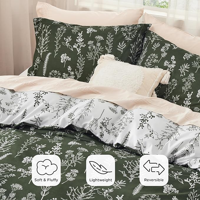 Bedsure Queen Comforter Set - Dark Olive Green Bed Set, 3 Pieces Cute Floral Bedding, 1 Soft Reversible Botanical Flowers Comforter and 2 Pillow Shams