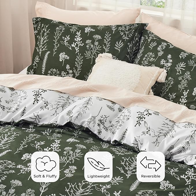 Bedsure Full Comforter Set - Dark Olive Green Bed Set, 3 Pieces Cute Floral Bedding, 1 Soft Reversible Botanical Flowers Comforter and 2 Pillow Shams