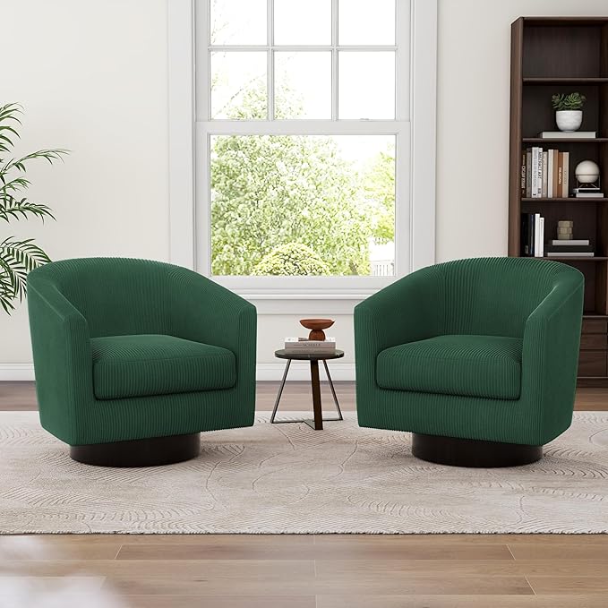 UIXE Swivel Accent Chair, Upholstered Corduroy Barrel Chair for Living Room, Small Single Sofa Bedroom Reading Seat, Set of 2, Dark Green