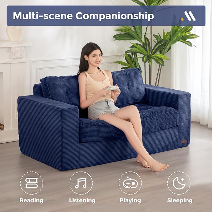 MAXYOYO Bean Bag Chair for Adults, Upholstered Floor Sofa with Armrests, Loveseat Boneless Couch with Tufted Cushion & Backrest, Sofa in A Box, Large Bean Bag Couch for Bedroom Living Room, Navy