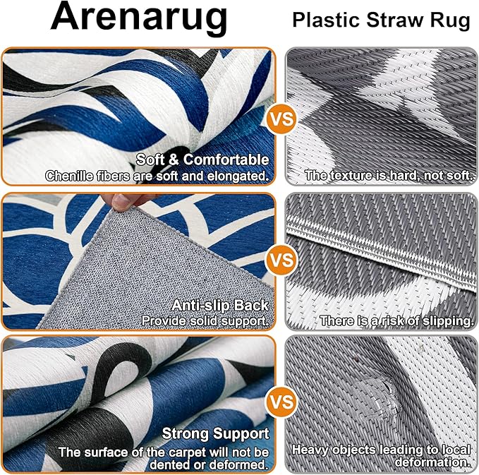 Indoor Outdoor Area Rug Washable Multicolored Patio Rug Tropical Botanical Modern Floral Indoor Outdoor Carpet Blue White Rug Non Slip for Patio, Deck, Backyard, Porch (8x10)