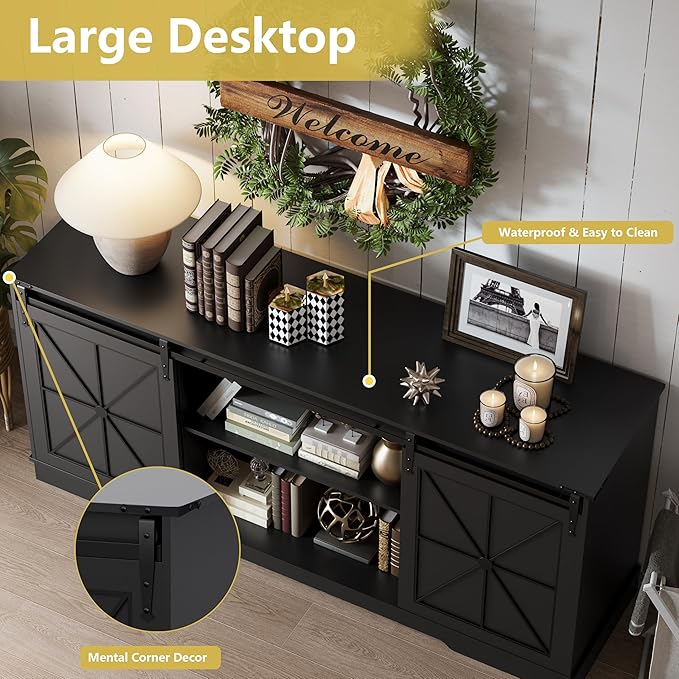 Farmhouse TV Stand for 65/60/55 Inch Tvs, Rustic Entertainment Center with Storage Cabinets & Sliding Barn Doors, Modern Media Console Table, Wood Television Furniture for Living Room, Bedroom, Black