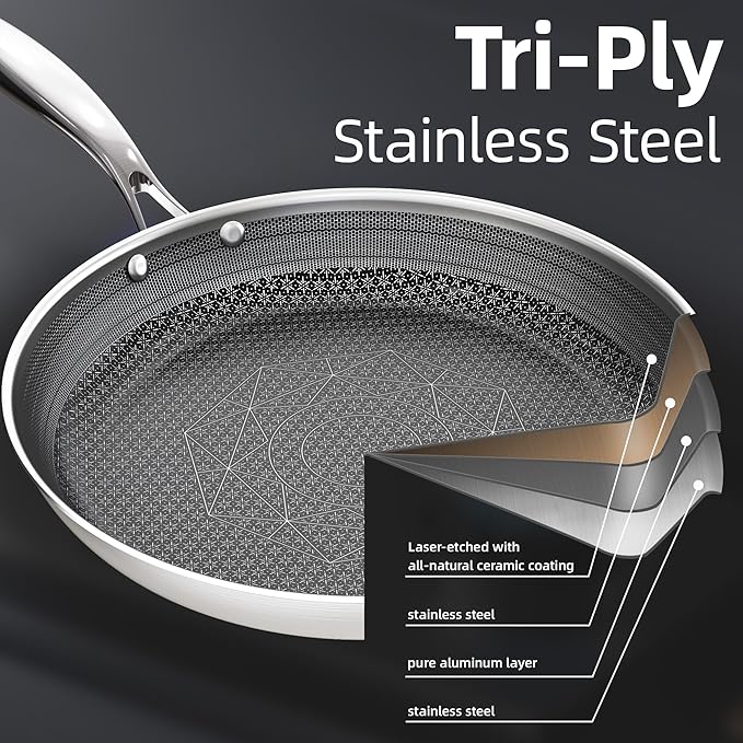 COOKING KING 8-Inch Stainless Steel Pan, Hybrid Nonstick Frying Pan, Skillet, 3-Ply Clad Cookware, Even Heat Distribution, Dishwasher & Oven Safe, with Stay-Cool Handle, Induction Compatible