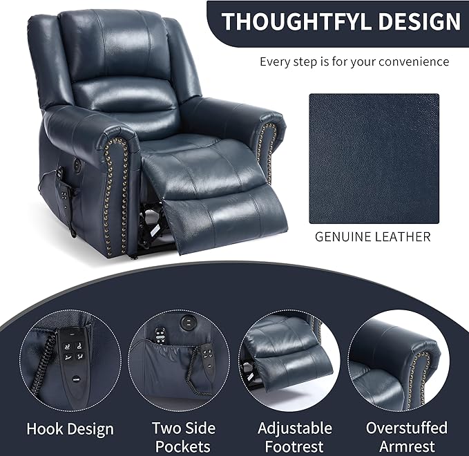 Dual Motor Power Lift Chair, Lay Flat Recliner Chair, Electric Recliner with Massage and Heat for Elderly, Remote Control, Infinite Position, Standing Assistance, USB Ports (Blue, Genuine Leather)