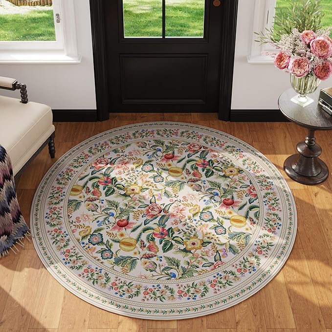 Round Rug 4ft Washable Circle Rug Non Slip Low Pile Vintage Floral Small Circular Rug for Bedroom, Bathroom, Entryway, Kids Room, Office, Beige