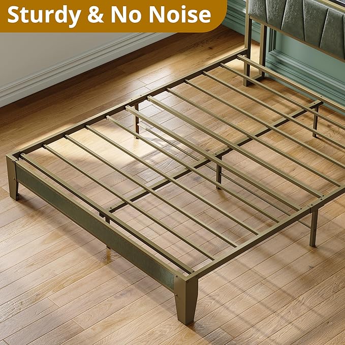 LIKIMIO Queen Bed Frame, Storage Headboard with Charging Station, Solid and Stable, Noise Free, No Box Spring Needed, Easy Assembly (Dark Green)