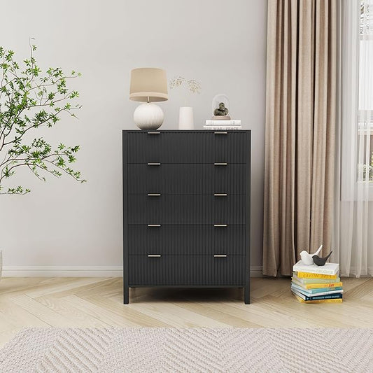 Fluted 5 Drawer Tall Dresser for Bedroom, Mid Century Modern Nightstand with Drawers, Tall Bedside Table for Closet Cloth, Living Room End Table with Storage for Dorm -Black