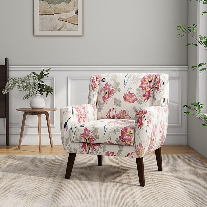 Accent Chairs, Modern Linen Blend Arm Chair for Living Room, Bedroom, Comfy High-Resilient Sponge Reading Chair for Small Spaces (Pattern Pink Floral, Set of 2)