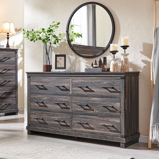 T4TREAM Farmhouse 6 Drawers Dresser for Bedroom, 54" Wide Wood Chest of Drawers w/Natural Texture & Metal Handle, Rustic Storage Dressers Organizer for Living Room, Hallway, Dark Rustic Oak
