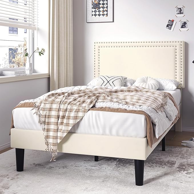 VECELO Twin Size Platform Bed Frame with Adjustable Upholstered Headboard, Strong Wood Slats Support, No Box Spring Needed, Easy Assembly