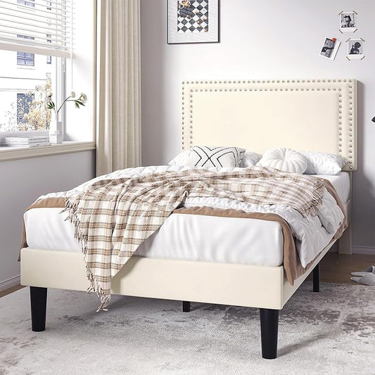 VECELO Twin Size Platform Bed Frame with Adjustable Upholstered Headboard, Strong Wood Slats Support, No Box Spring Needed, Easy Assembly