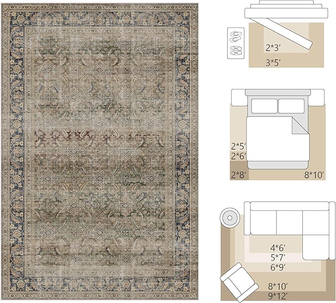 Fmfunctex 2x6 Runner Rug Brown Vintage Neutral Washable Distressed Non Slip Low Pile Indoor Carpet Soft Retro Hallway Entryway Rug for Kitchen Living Room Bedroom Bathroom Laundry Entry Bedside, Multi