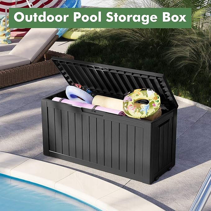 75 Gallon Outdoor Storage Box, Waterproof Resin Deck Box with Lockable Lid, Patio Furniture Side Table & Storage Bin for Package Delivery, Patio Cushions, Garden Tools, Pool Accessories, Black