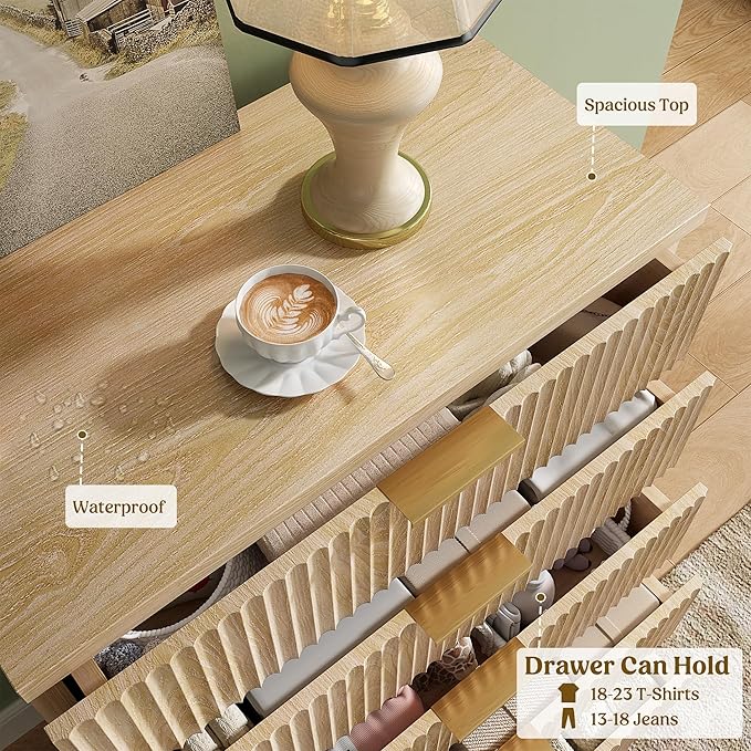 Lulive Dresser for Bedroom Wood Tall Dressers Drawers, Fluted Modern Dresser 5 Drawers Natural
