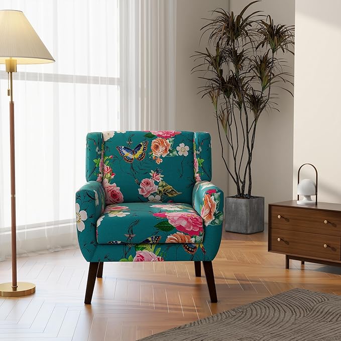 Accent Chair, Modern Linen Blend Arm Chair for Living Room, Bedroom, Comfy High-Resilient Sponge Reading Chair for Small Spaces (Pattern Floral Blue, Set of 2)