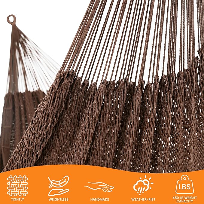 Lazy Daze Hammocks Handwoven Mayan Hammock, 10.5 FT Soft Rope Double Hammocks, Portable Outdoor Hammock with Carry Bag, 2 Straps & carabiners for Patio Outside, 550 lbs Weight Capacity, Coffee