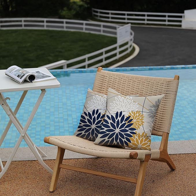Outdoor Pillow Covers 18x18 Inch Set of 2 Navy Blue Yellow Outdoor Waterproof Decorative Throw Pillows Summer Spring Decor for Home Patio Funiture Garden Living Room Polyester Cushion Covers 01G18
