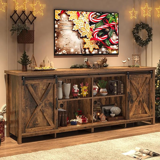 Farmhouse TV Stand for 80 Inch TV with Sliding Barn Door, Rustic Wood Entertainment Center Large Media Console Cabinet Long Television Stands,Console Table and Media Furniture for Living Room(Brown)