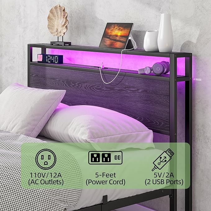 Full Size Bed Frame with Storage Headboard/LED Lights, Metal Bed Frame with Charging Station, Platform Bed Frame No Box Spring Needed, Heavy Duty Metal Slats Support, Black