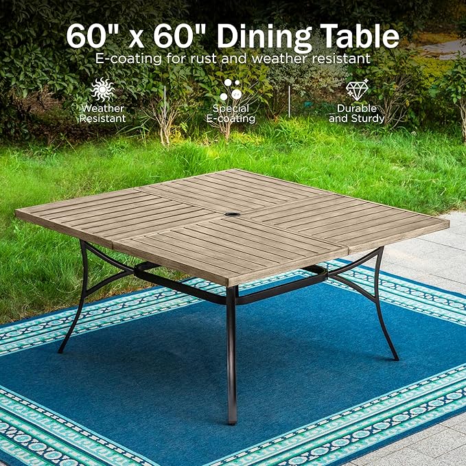 PHI VILLA 9-Piece Outdoor Dining Set, Retangualr Metal Table (60") with Umbrella Hole and 8 Stackable Dining Chairs – Perfect for Patio, Garden, Deck, Porch, and Yard, 9PCS Outdoor Dining Set Style 2