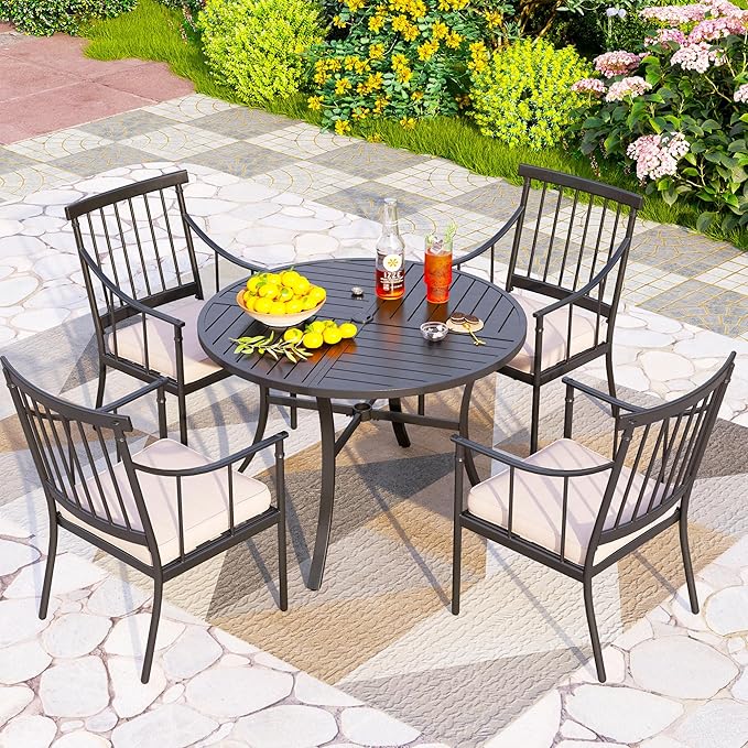PHI VILLA 5 Piece Outdoor Dining Set for 4, Round Steel Dining Table with Umbrella Hole & Heavy-Duty Metal Chairs with Cushions, Modern Patio Dining Furniture Set for Deck, Backyard, Porch