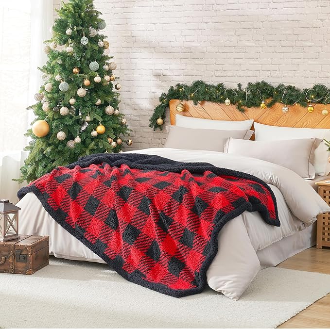 Cozy Bliss Ultra Soft Reversible Double Sherpa Sided Blanket, Buffalo Plaid Throw Blanket Fluffy Thick Warm Plush Fuzzy Blanket for Couch, Bed and Gifts (Red/Black Buffalo Check, 50" x 60")