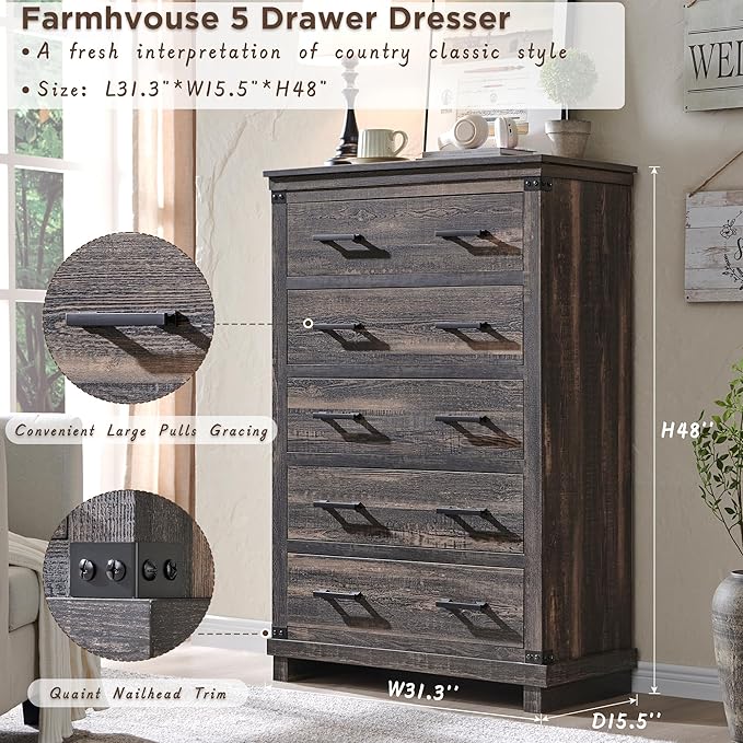 T4TREAM Farmhouse 5 Drawers Dresser for Bedroom, 48" Tall Wood Chest of Drawers w/Natural Texture & Metal Handle, Rustic Storage Dressers Organizer for Living Room, Hallway, Dark Rustic Oak