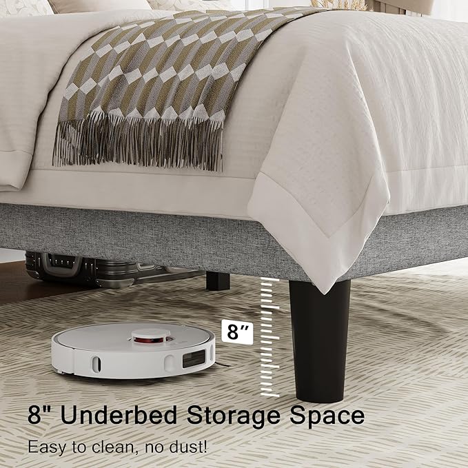 King Size Upholstered Bed Frame with Wingback Headboard, Fabric Linen Platform Bed, 8" Under Bed Storage, Wooden and Metal Slats Support, No Box Spring Needed, Light Grey