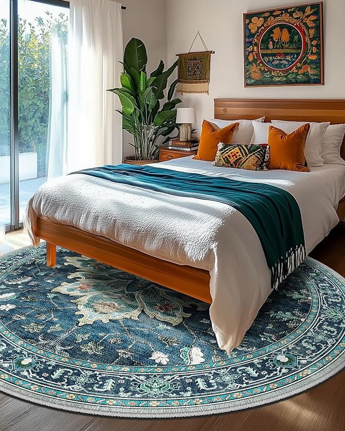 Area Rugs 8ft Washable Non-Slip, Floral Vintage Distress Print Pattern Medallion Carpet for Living Room Bedroom Dining Room, Teal Green Lake Blue Turquoise