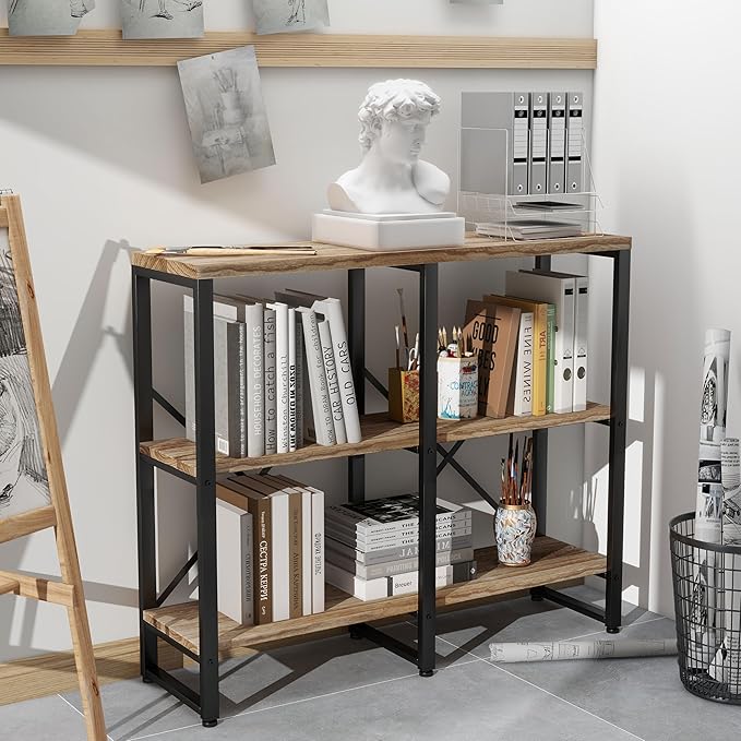 3 Tier Solid Real Wood Bookshelf Rustic Industrial Style, Wooden Storage Shelves Etagere Bookcase Book Shelf Display Shelf for Home Office