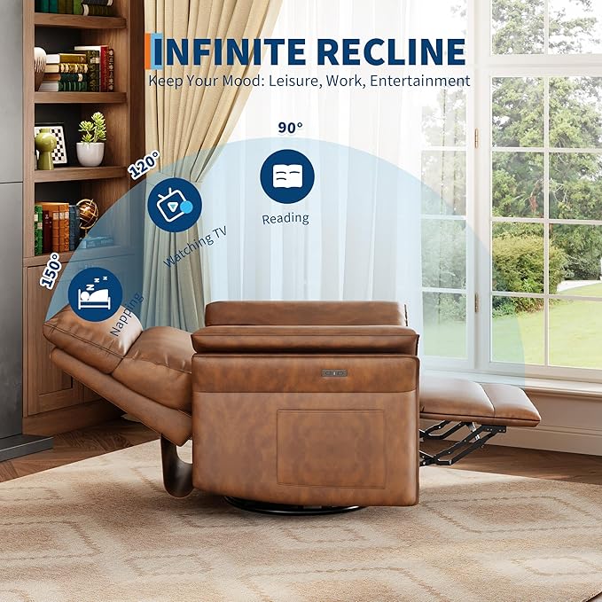 GarveeHome Power Recliner Chair Swivel Glider Upholstered Faux Leather Nursery Rocker Reclining Sofa Chair with Charging Port, Curved Armrests & Padded Backrest (Orange)