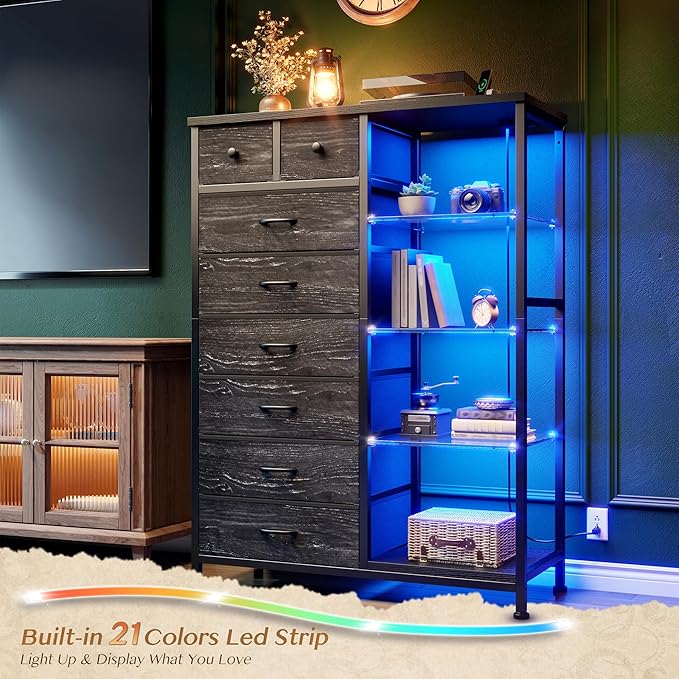 EnHomee Dresser for Bedroom with LED Lights & Power Outlets Tall Dresser with 8 Drawers Fabric Dressers & Chests of Drawers for Bedroom, Closet, Sturdy Metal Frame, Acrylic Plates (Charcoal Black)
