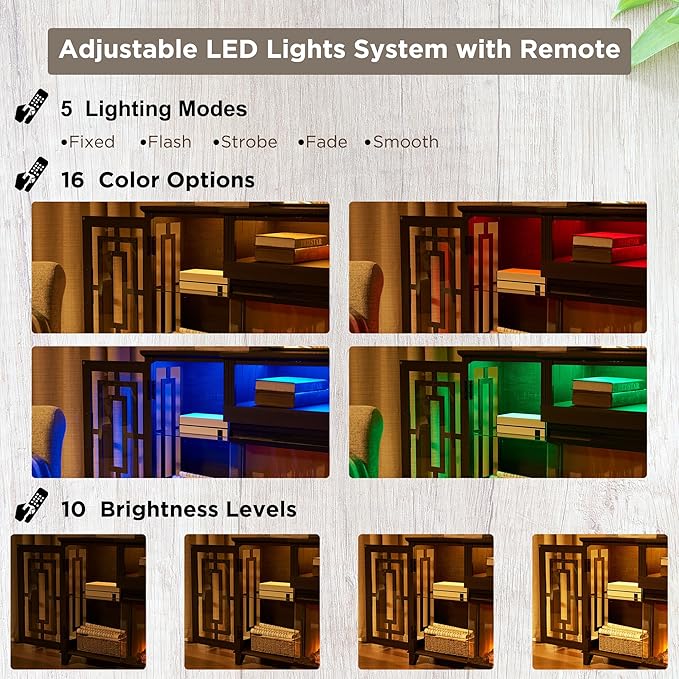 JXQTLINGMU Fireplace TV Stand for 75" TV, 32" Tall Farmhouse Entertainment Center with 26'' Electric Fireplace & LED Light, Rustic Media Console with 2 Large Storage Cabinets for Living Room, Black