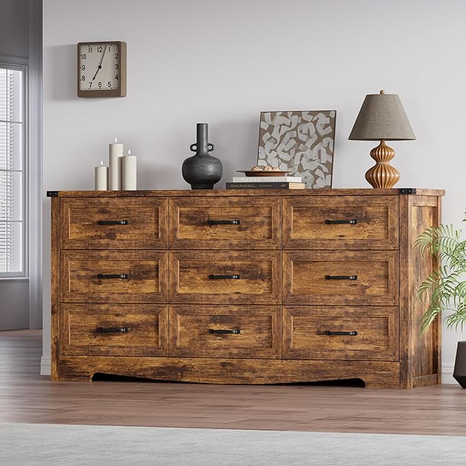 Dresser for Bedroom, 59'' Wide Wooden Chest of Drawers with Natural Wood Texture, 9 Drawer Dresser for Closet with Metal Handles, Sleek Storage Solution for Living Room, Office, Hallway, Brown