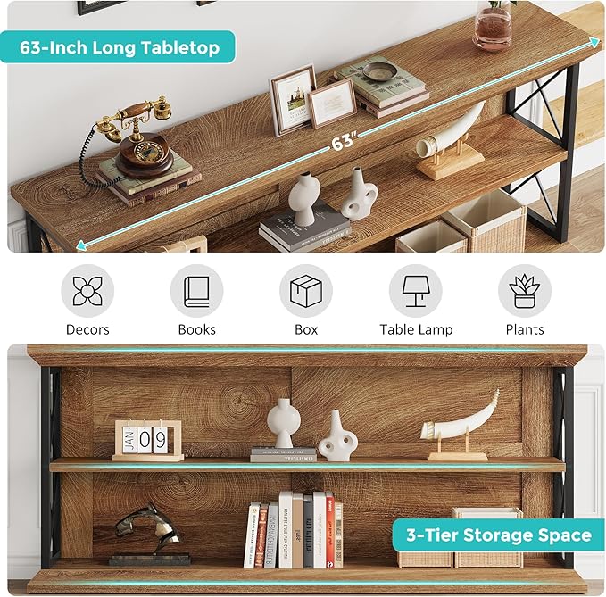 63 Inch Long Console Tables for Entryway with 3-Tier Storage, Wooden Sofa Table Behind Couch for Living Room Hallway, Entry, Oak Brown