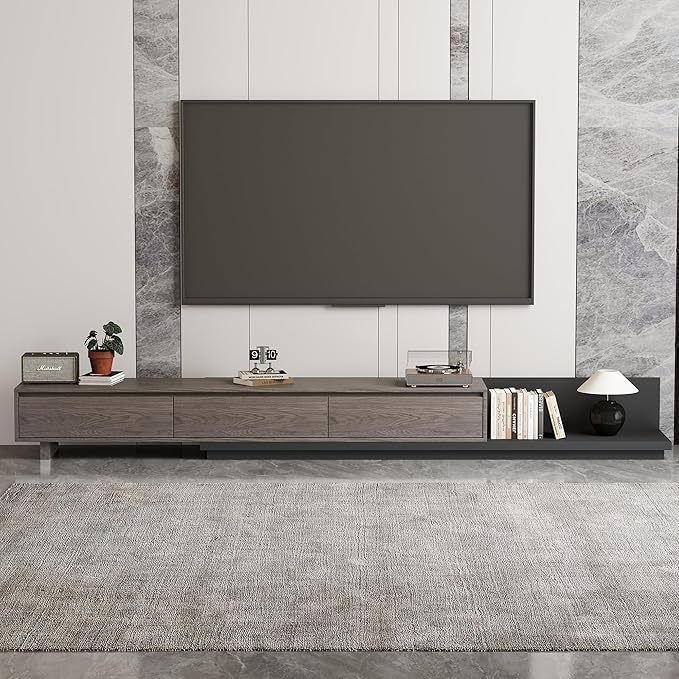 Mid-Century Modern Extendable TV Stand with Ample Storage for Living Room – Adjustable TV Cabinet from 78.7" to 130", 3-Drawer Entertainment Center, Black Walnut