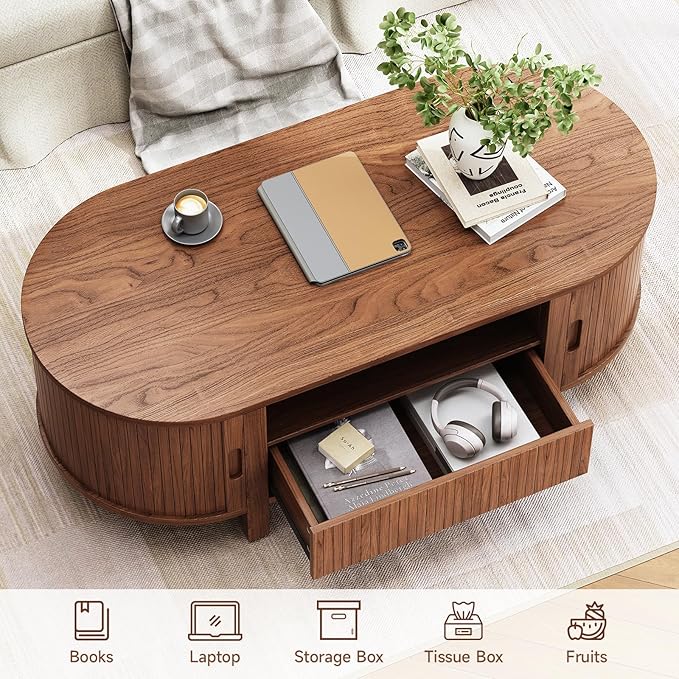 47.2 Inch Oval Coffee Table with Storage, Mid Century Modern Coffee Table with Drawer, Center Table with Sliding Door and Wood Fluted Handle for Living Room, Walnut