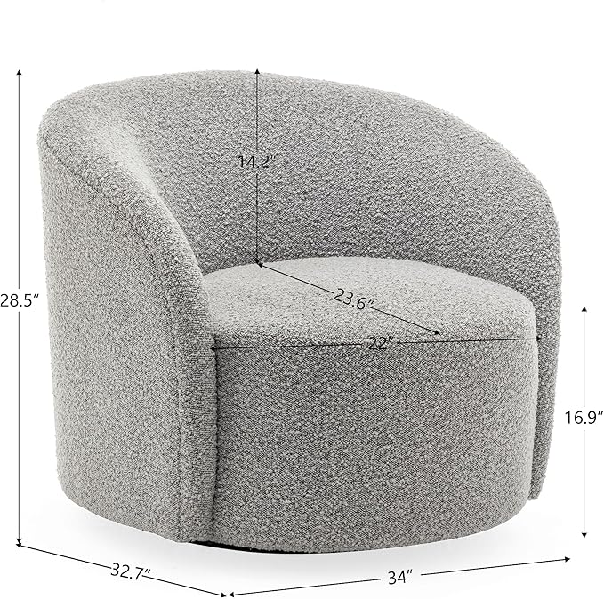 KINWELL 34" W Mid Century Modern Swivel Barrel Chair, Round Upholstered Boucle Swivel Accent Chairs, No Assembly Sofa Chair for Living Room Bedroom Reading Apartment Lounge Nursery(Black White)