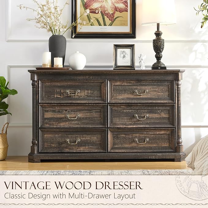 Yechen 6 Drawer Dresser for Bedroom,Storage Dressers Organizer, Vintage Farmhouse 6 Drawer Dresser for Bedroom,Heavy Duty Rustic Chest of Drawers for Living Room & Hallway (Dark Rustic Oak)