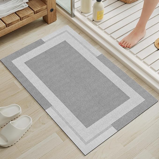 Non Slip Bath Mat, Rubber Backing Ultra Thin Bathroom Rugs Fit Under Door Quick Dry Super Absorbent Washable Bath Rug Shower Mat for Bathroom Floor Bathtub Shower Sink, Easy Care Gray 16"x 24"