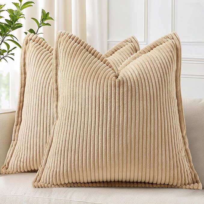 decorUhome Corduroy Light Brown Throw Pillow Covers 22x22 Set of 2 Decorative Soft Boho Striped Neutral Euro Farmhouse Couch Pillow Covers with Broadside for Living Room Bed Sofa