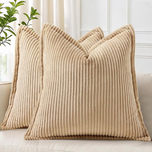 decorUhome Corduroy Light Brown Throw Pillow Covers 24x24 Set of 2 Decorative Soft Boho Striped Neutral Euro Farmhouse Couch Pillow Covers with Broadside for Living Room Bed Sofa