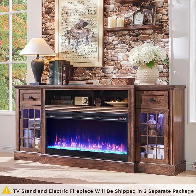 JXQTLINGMU Fireplace TV Stand for 80 Inch TV, Farmhouse Highboy Entertainment Center w/LED Lights & 36" Electric Fireplace, Large Media Console w/Glass Door Cabinet & Storage Drawer, Brown