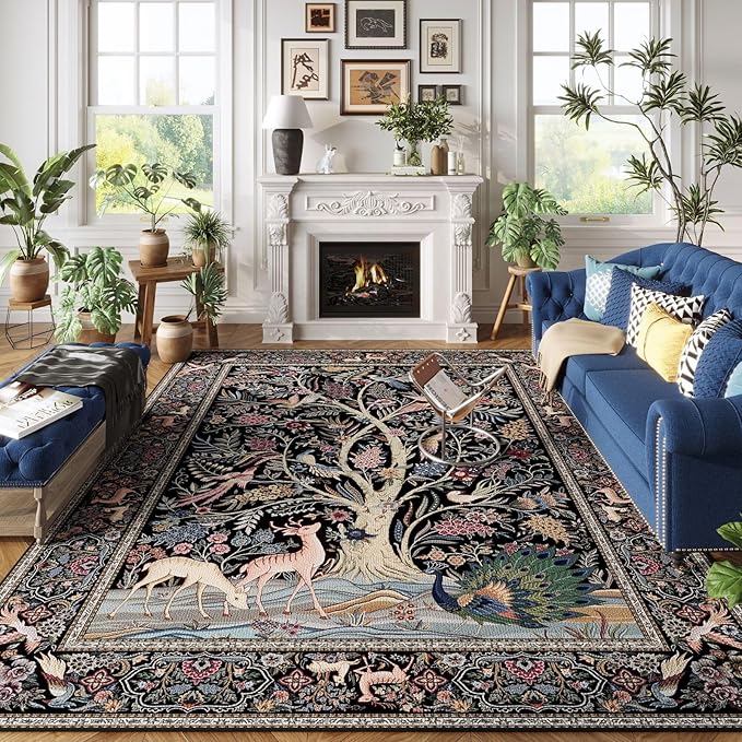 Area Rug 6x9 Vibrant Tree of Life-Patterned Vintage Washable Rug Non Slip Low Pile Large Rug for Living Room Bedroom Farmhouse Dining Room Kids Playroom, Black