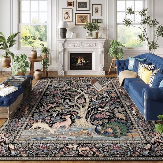 Area Rugs 9x12 Living Room Vibrant Tree of Life-Patterned Vintage Washable Rug Non Slip Low Pile Large Rug for Bedroom Farmhouse Dining Room Kids Playroom, Black