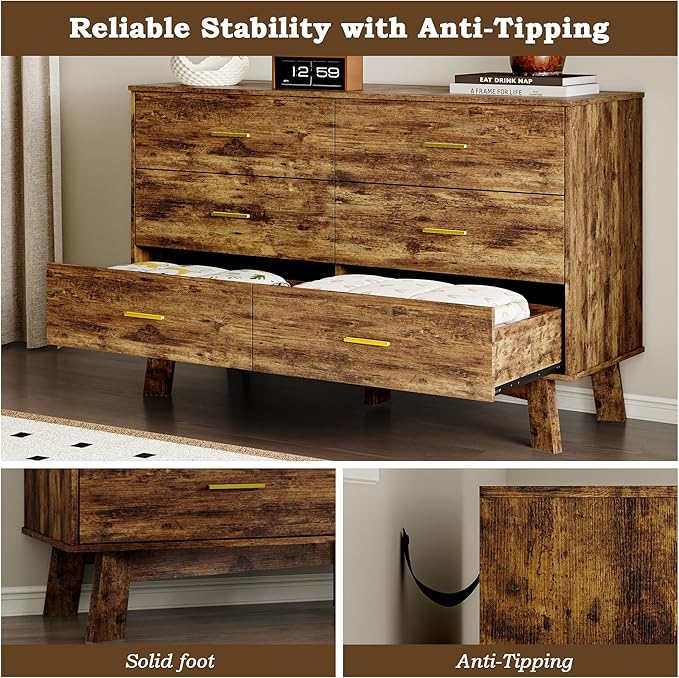 Dresser for Bedroom with 6-Drawer, 47.3" Modern Chest of Drawers with Metal Handles, X-Shape Base & Adjustable Center Leg, Anti-Tip Closet Organizers and Storage